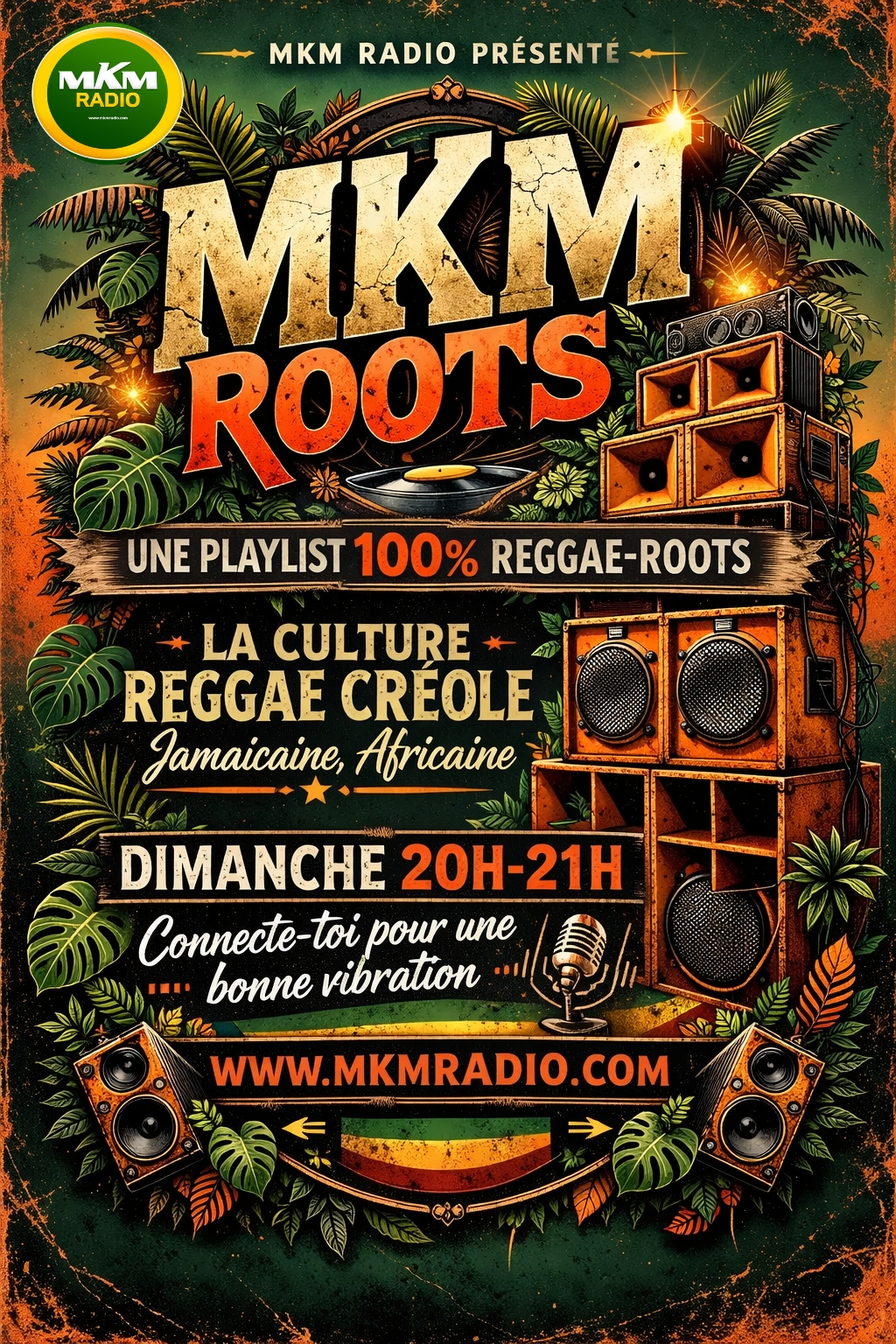 Ecoutez le meilleur du reggae avec MKM ROOTS. Tous les dimanches 20H-21H le rastafari est à l'honneur avec une multitude d'artistes mythiques ou plus actuels dans le domaine.